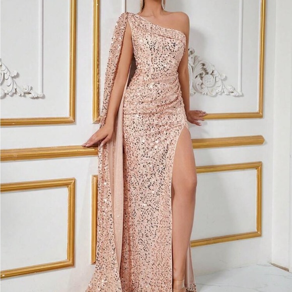 Luxe one shoulder slit for high party formal evening prom sequins dress - Picture 6 of 8